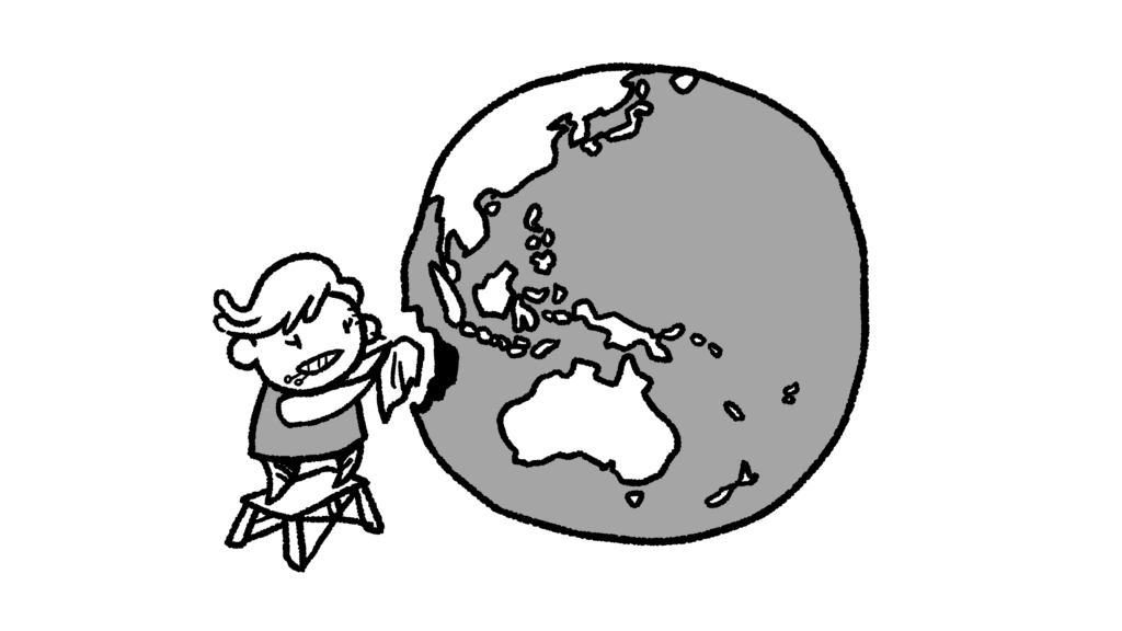 Illustration of a figure stitching the side of the planet Earth.